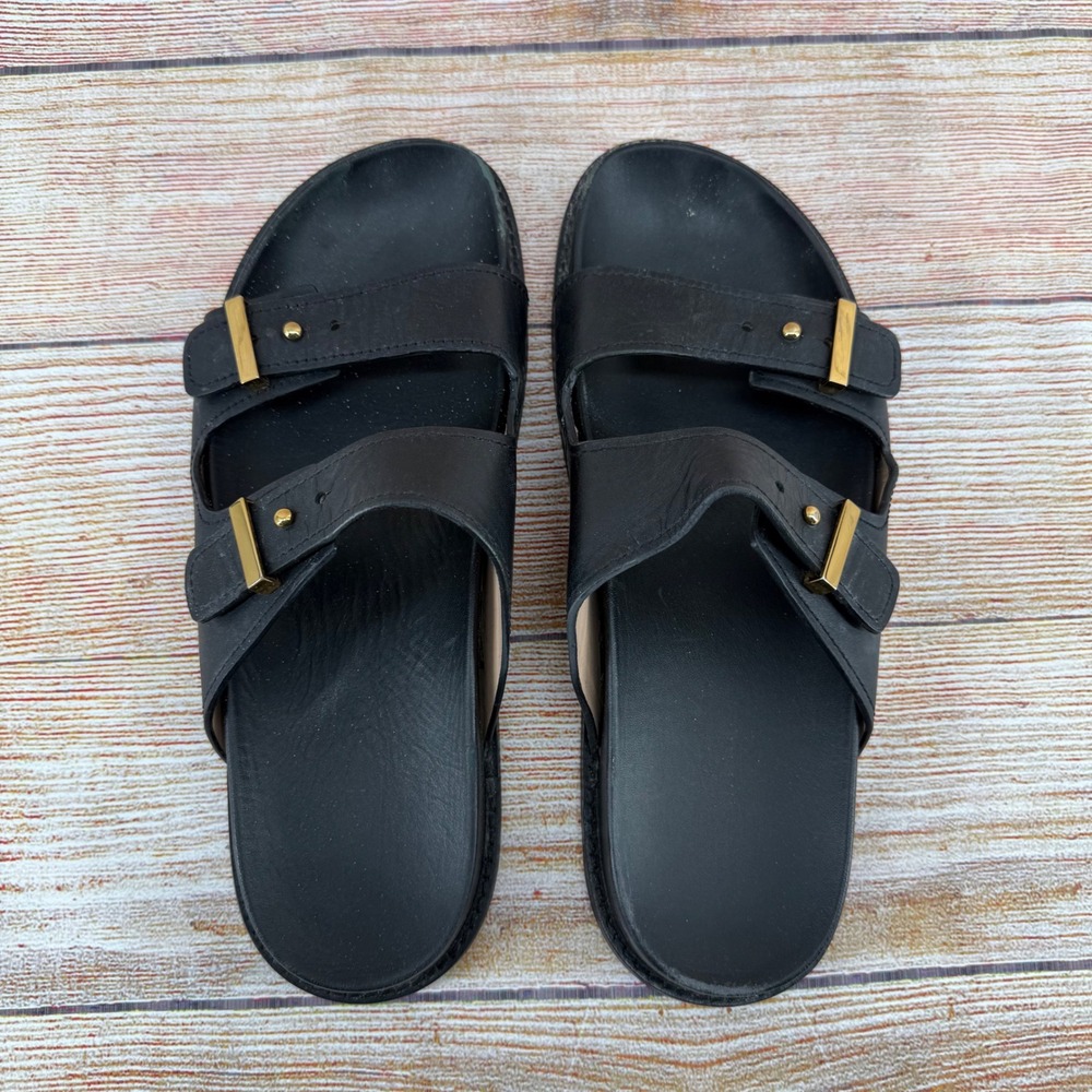 Cole Haan Marisol Footbed Sandals Black Leather Gold Buckle Slides‎ W31882 W 10 - Picture 4 of 8